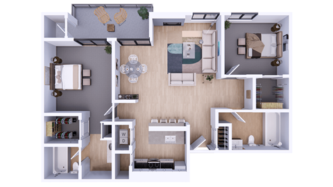 Floor plan for 2 beds, 2 baths, 965 sqft